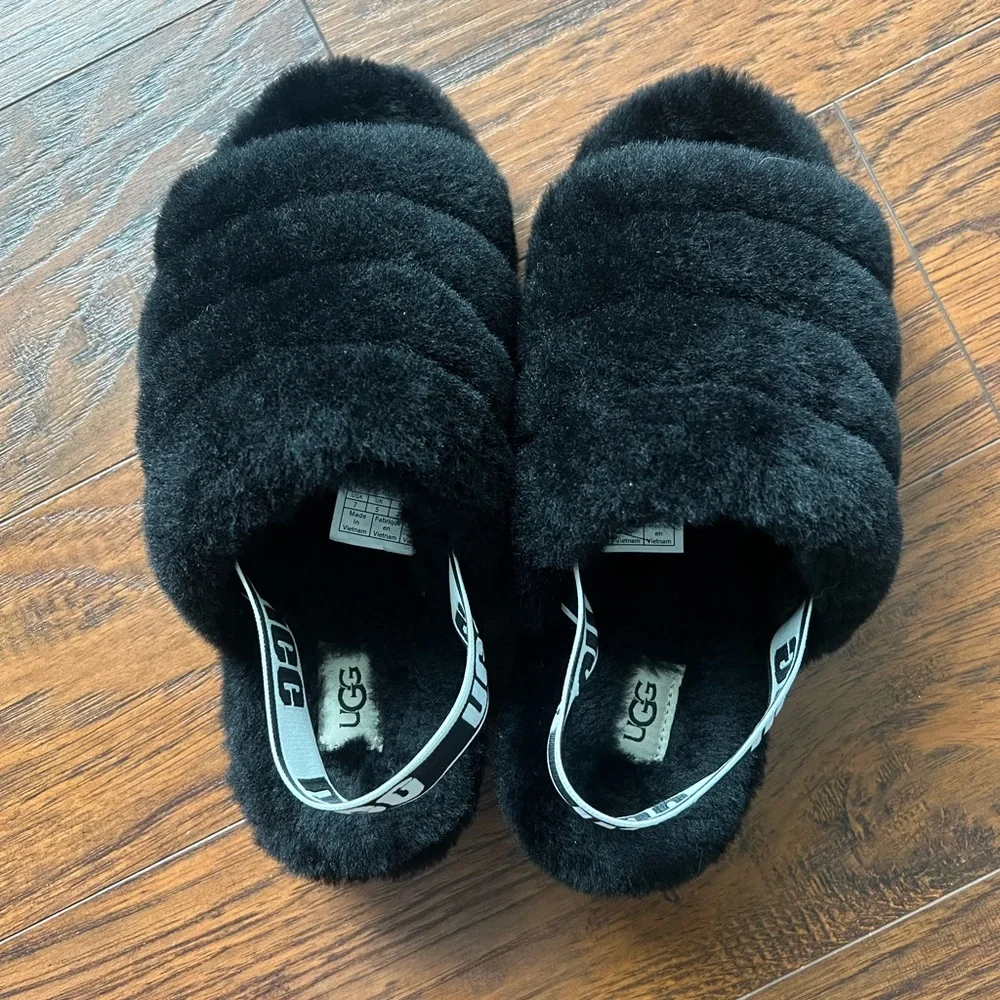 UGG Black Fluffy Slide Slippers - Picture 2 of 4